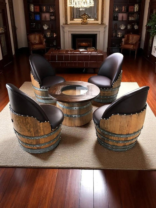 Whiskey & Wine Barrel Coffee Table Set — Full Round Table, 4 Chairs - Pub Set