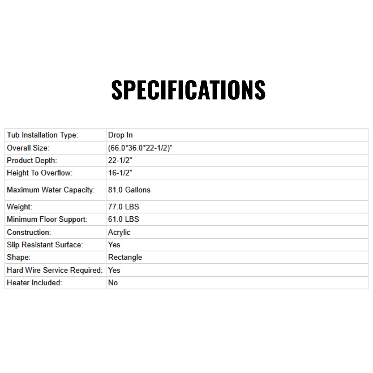 Jacuzzi Elara 66-Inch Rectangle Drop-In Whirlpool Bath