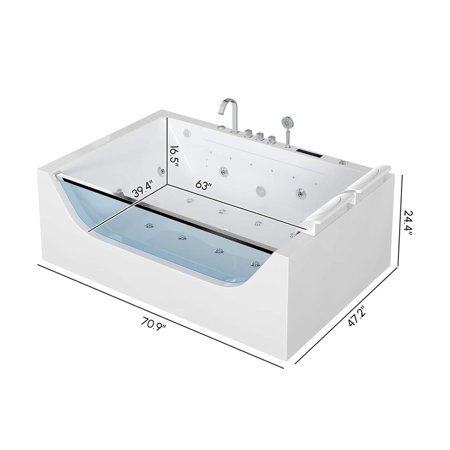 Nuvia Novara 71-Inch Luxury 2-Person Jetted Whirlpool Tub With Massage And Thermostat Control