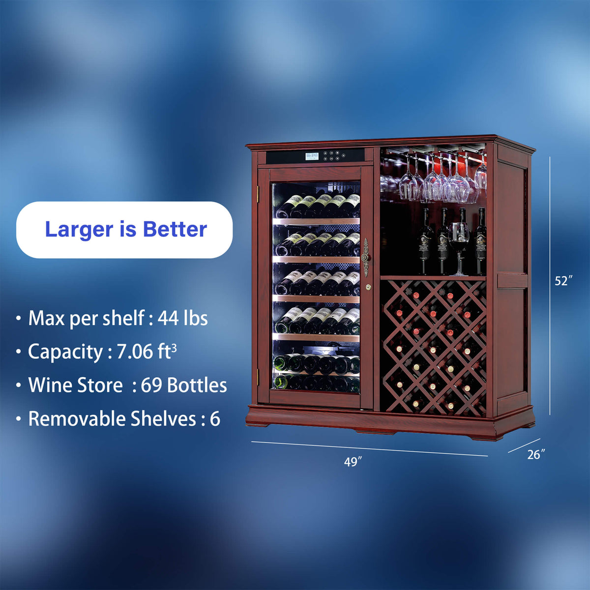 Nuvia 69-Bottle Wooden Wine Cooler Cabinet With Built-In Storage
