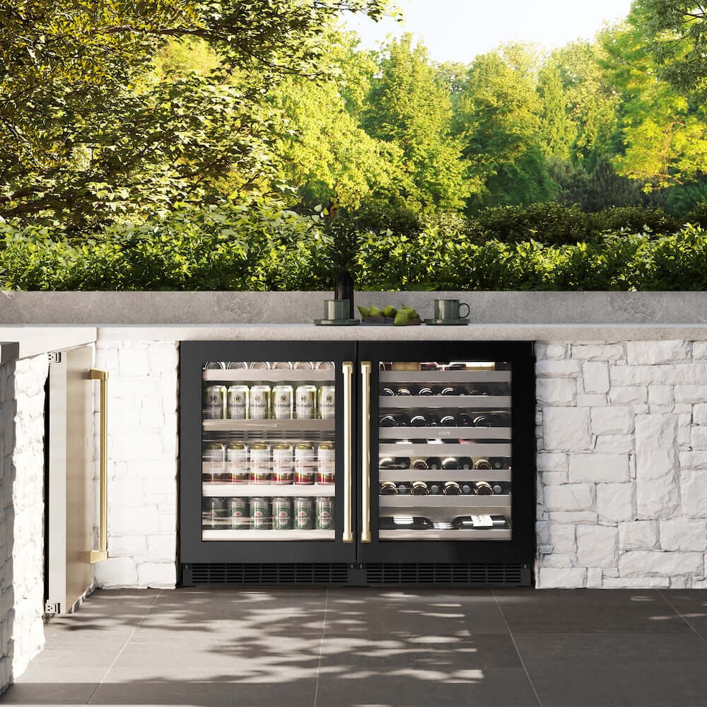 ZLINE 24" Touchstone 151 Can Beverage Fridge Black Stainless Steel Glass Door Champagne Bronze Handle RBSOZ-BS-24-CB