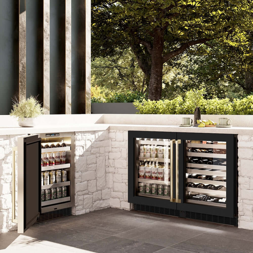 ZLINE 24" Touchstone 151 Can Beverage Fridge Black Matte Glass Door Champagne Bronze Handle RBSOZ-BLM-24-CB