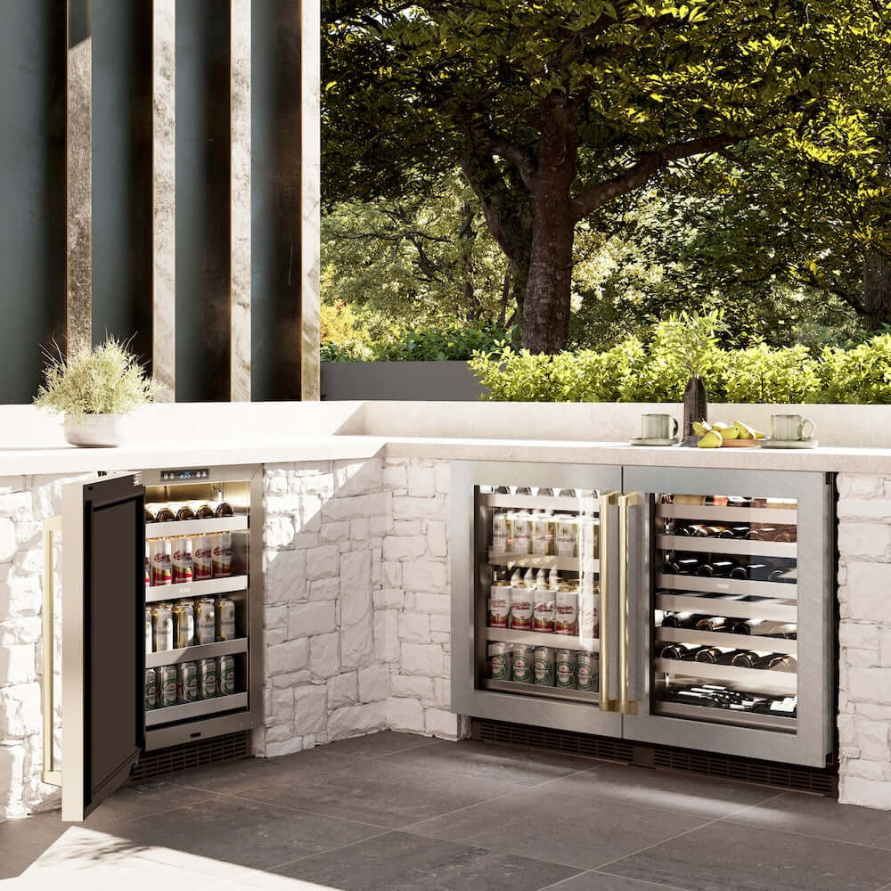 ZLINE 24" Touchstone 151 Can Beverage Fridge DuraSnow® Stainless Steel Glass Door And Champagne Bronze Handle RBSOZ-SN-24-CB