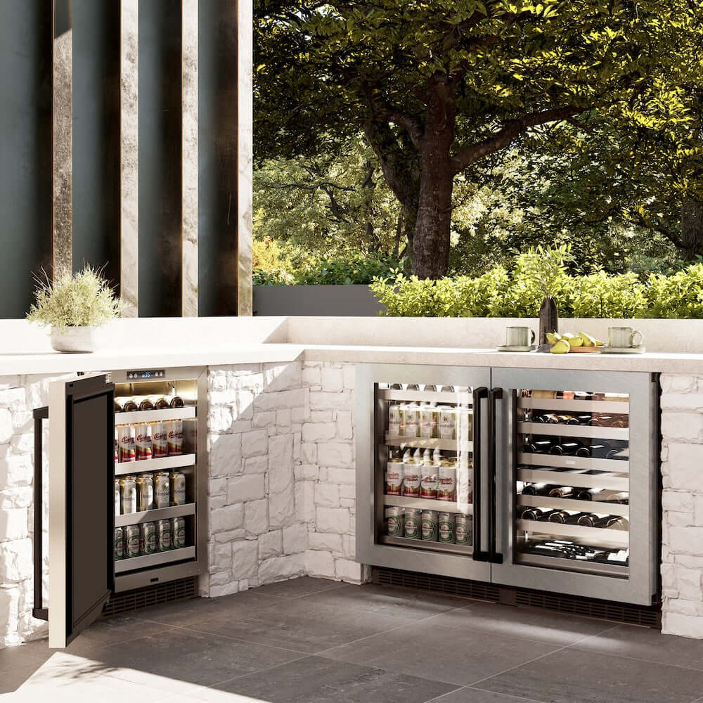 ZLINE 24" Touchstone 151 Can Beverage Fridge DuraSnow® Stainless Steel Glass Door Matte Black Handle RBSOZ-SN-24-MB