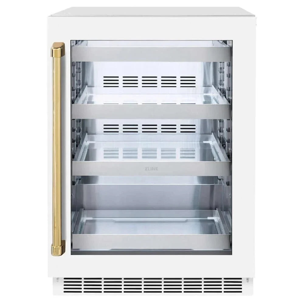 ZLINE 24" Touchstone 151 Can Beverage Fridge White Matte Glass Door Polished Gold Handle RBSOZ-WM-24-G