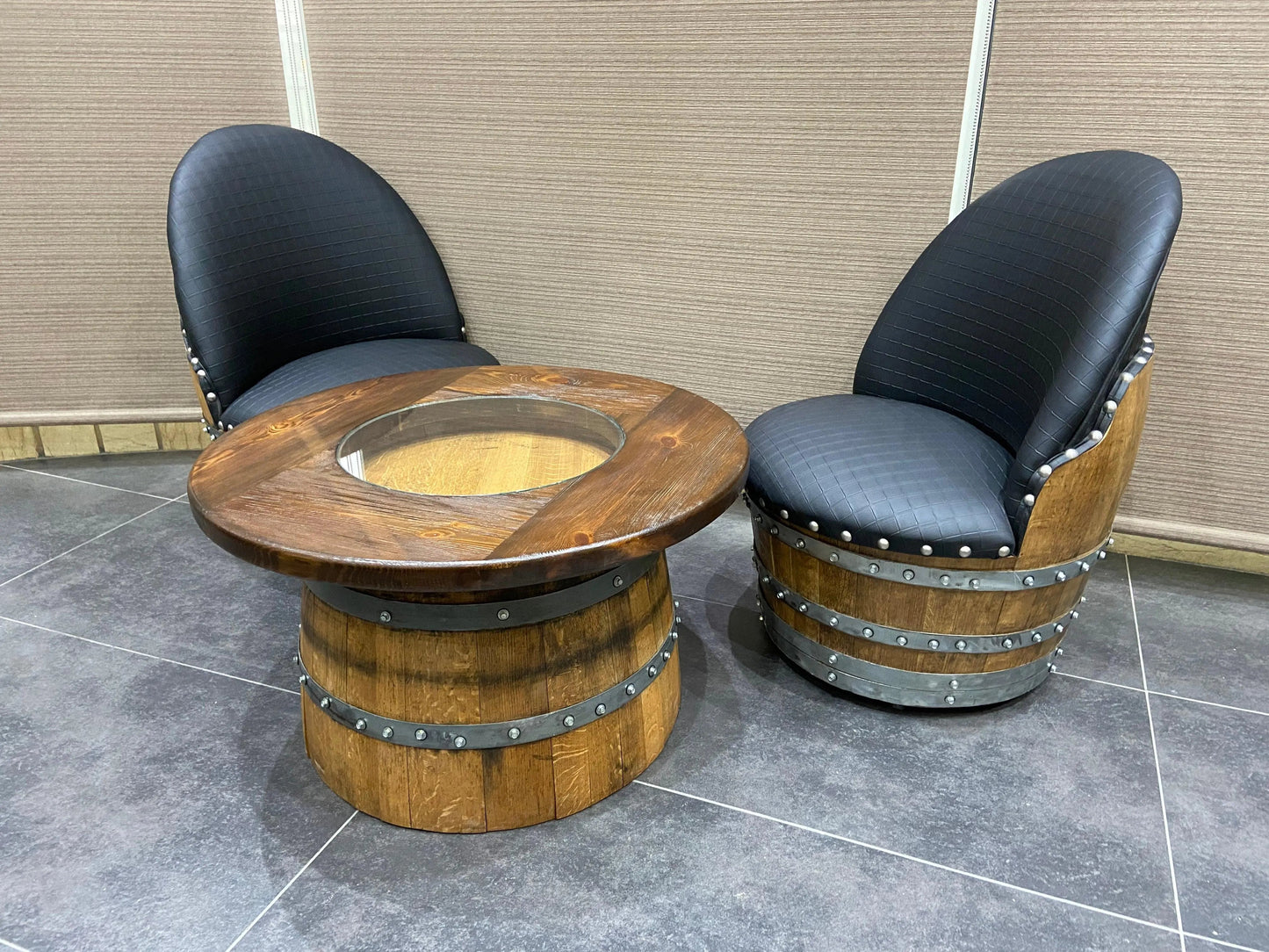 Whiskey & Wine Barrel Half-Barrel Table Set — 2 Chairs Pub Set