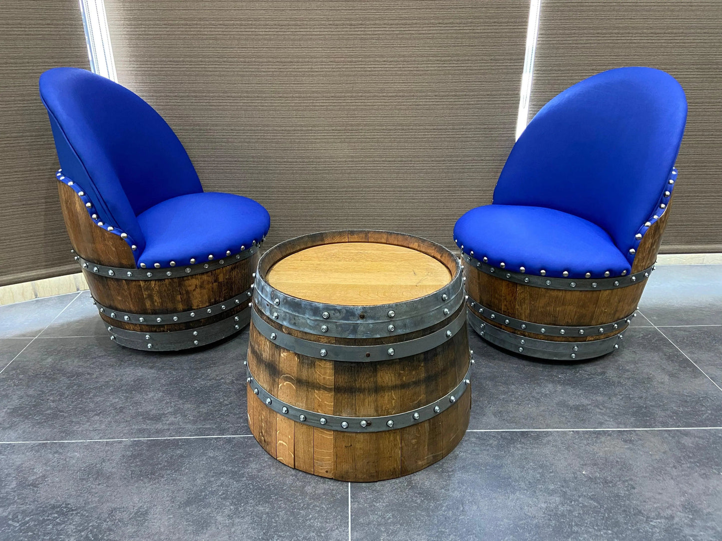 Whiskey & Wine Barrel Coffee Table Set — 2 Chairs Pub Set