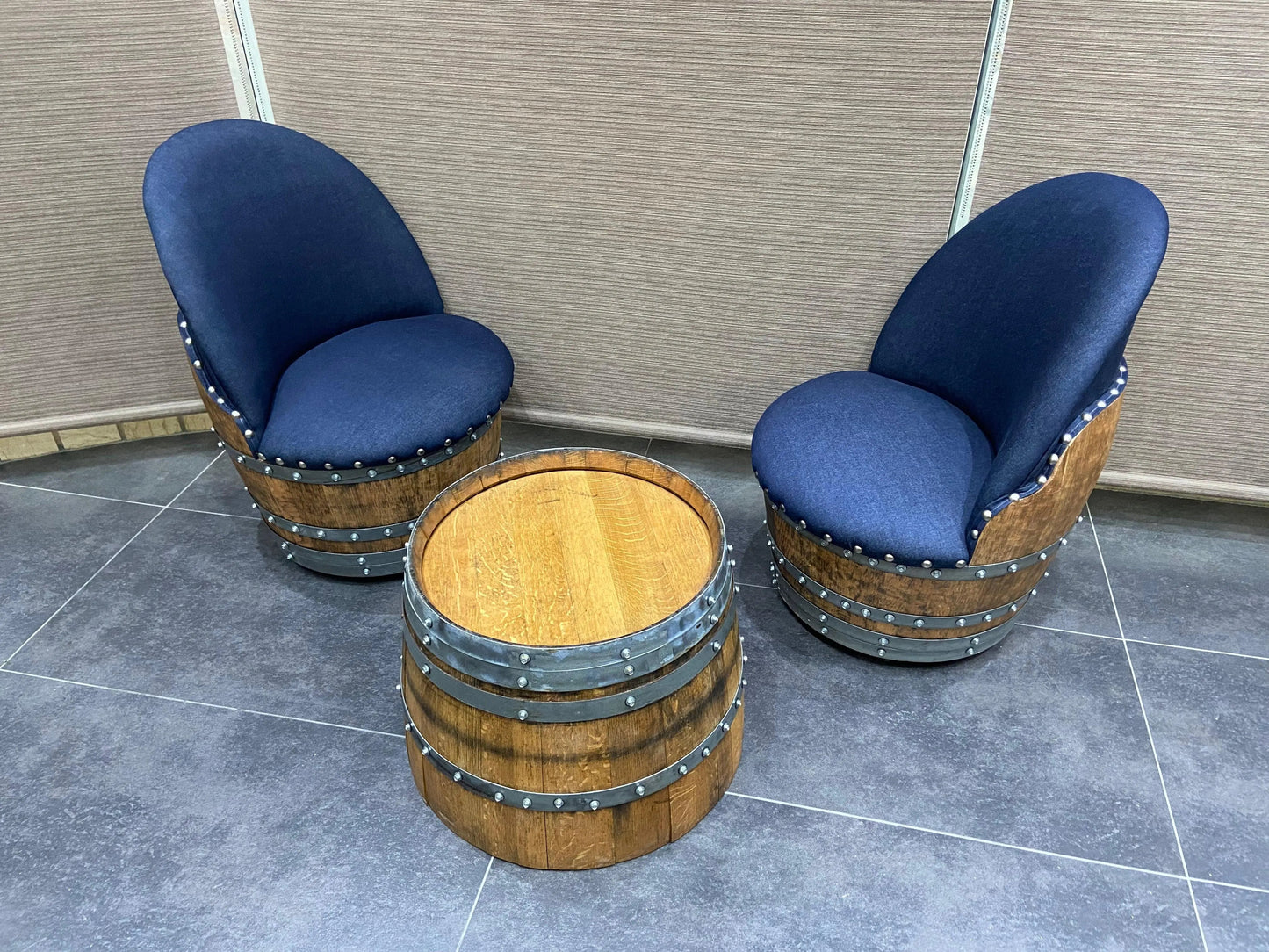 Whiskey & Wine Barrel Coffee Table Set — 2 Chairs Pub Set