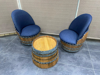 Whiskey & Wine Barrel Coffee Table Set — 2 Chairs Pub Set