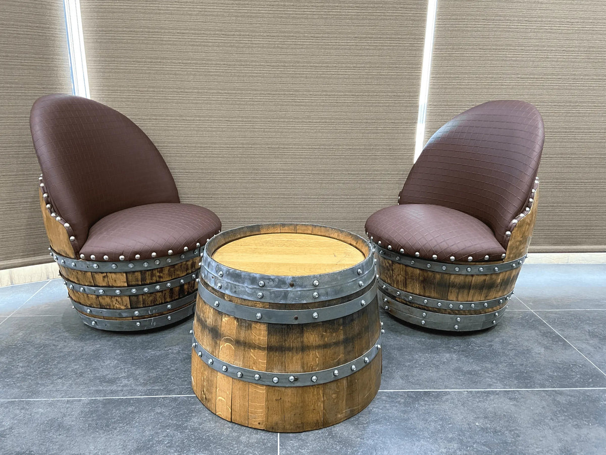 Whiskey & Wine Barrel Coffee Table Set — 2 Chairs Pub Set