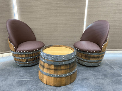 Whiskey & Wine Barrel Coffee Table Set — 2 Chairs Pub Set