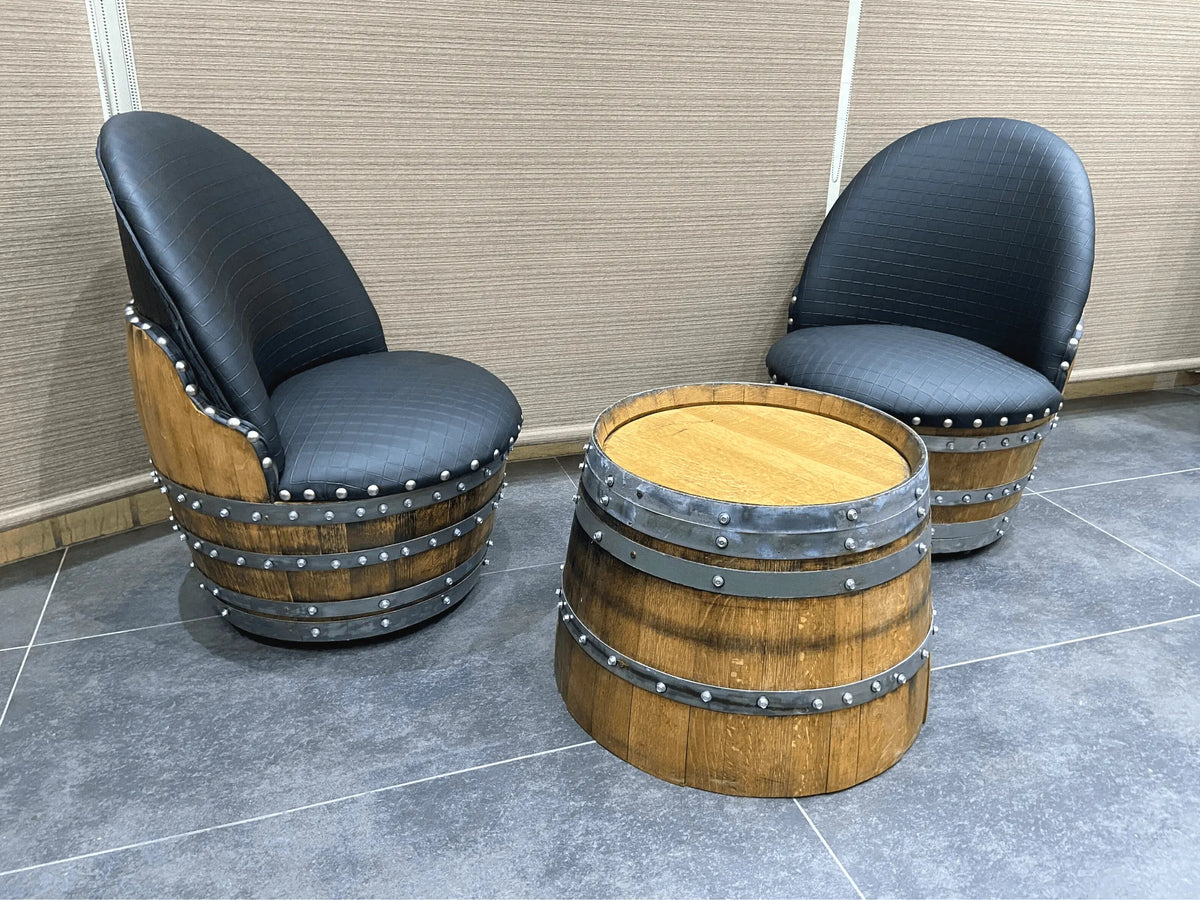 Whiskey & Wine Barrel Coffee Table Set — 2 Chairs Pub Set