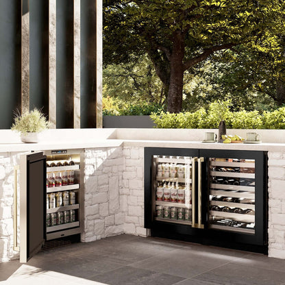 ZLINE 24" Touchstone 151 Can Beverage Fridge Black Stainless Steel Glass Door Champagne Bronze Handle RBSOZ-BS-24-CB