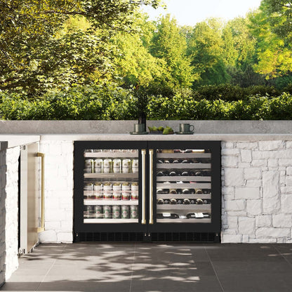 ZLINE 24" Touchstone 151 Can Beverage Fridge Black Matte Glass Door Champagne Bronze Handle RBSOZ-BLM-24-CB