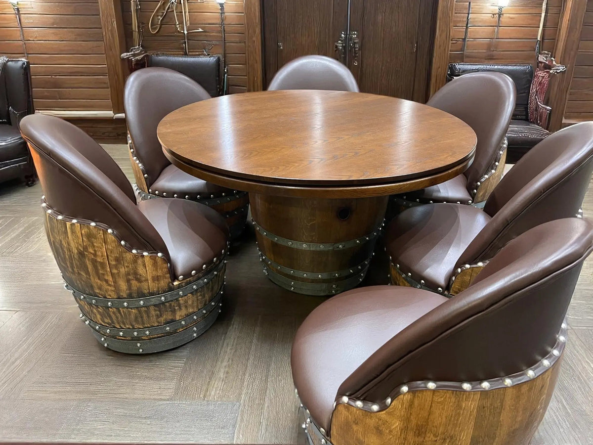 Whiskey & Wine Barrel Game Table Set — Poker Top and Dining Top Included, 6 Chairs