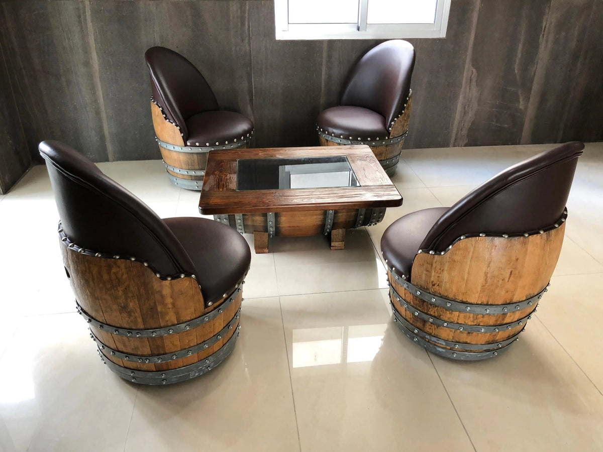 Whiskey & Wine Barrel Coffee Table Set — 4 Chairs - Pub Set