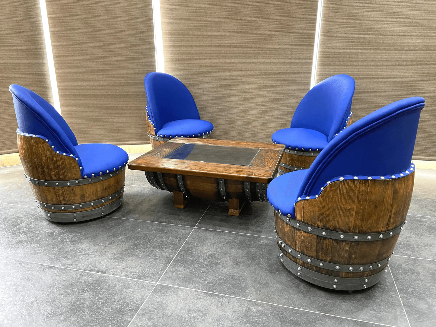 Whiskey & Wine Barrel Coffee Table Set — 4 Chairs - Pub Set