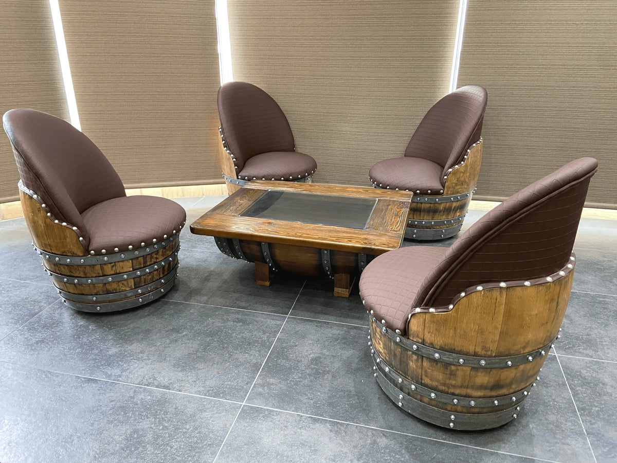 Whiskey & Wine Barrel Coffee Table Set — 4 Chairs - Pub Set