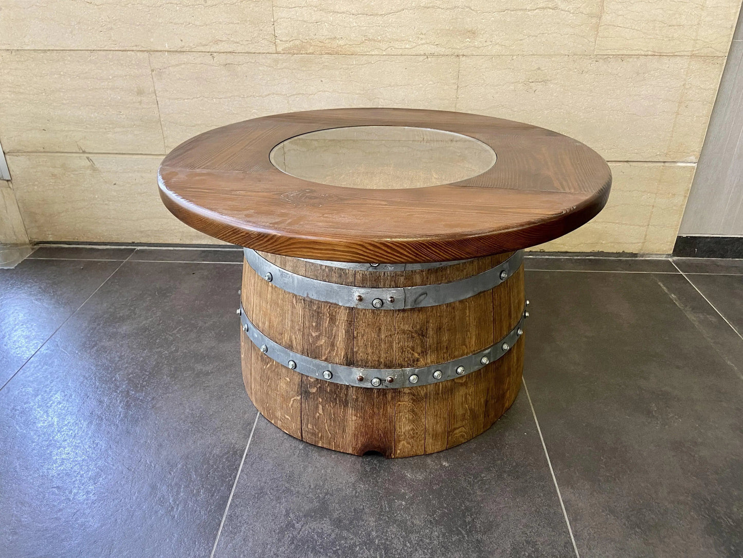 Whiskey & Wine Barrel Coffee Table Set — Full Round Table, 4 Chairs - Pub Set