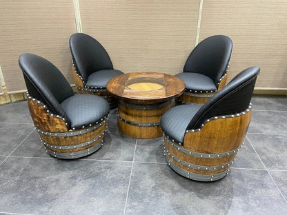 Whiskey & Wine Barrel Coffee Table Set — Full Round Table, 4 Chairs - Pub Set