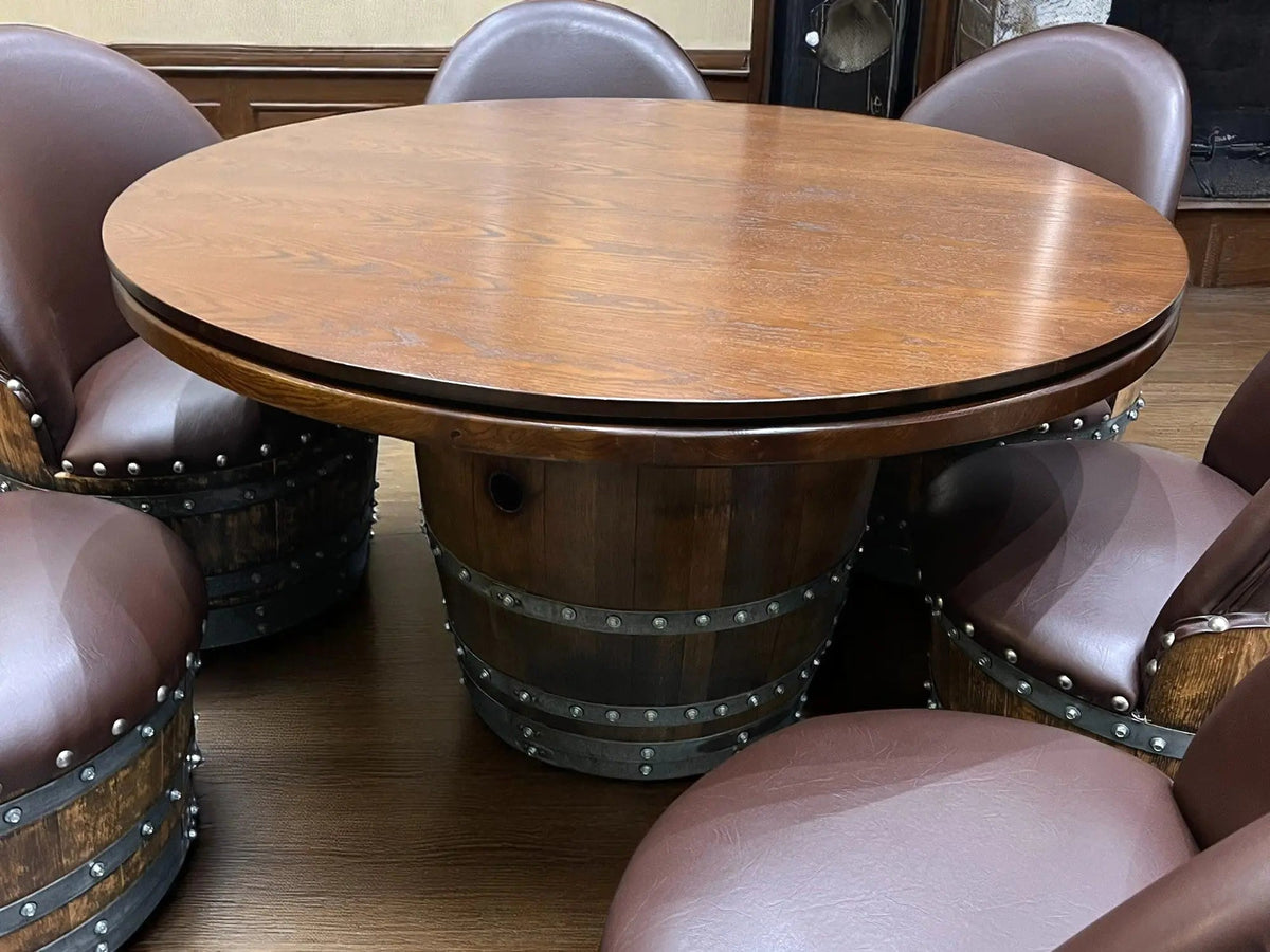 Whiskey & Wine Barrel Game Table Set — Poker Top and Dining Top Included, 6 Chairs