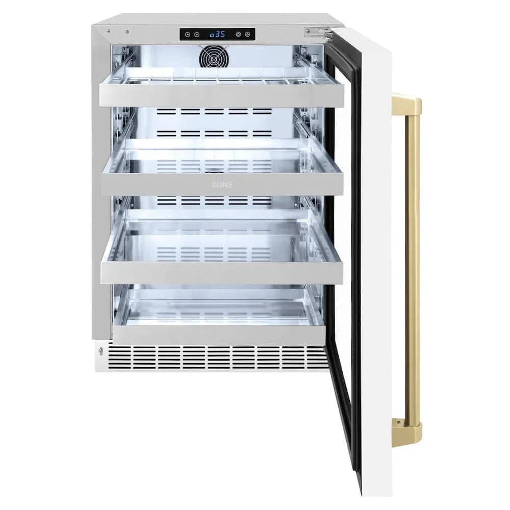 ZLINE 24" Touchstone 151 Can Beverage Fridge White Matte/Champagne Bronze Handle