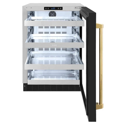 ZLINE 24" Touchstone 151 Can Beverage Fridge Black Matte Glass Door Gold RBSOZ-BLM-24-G