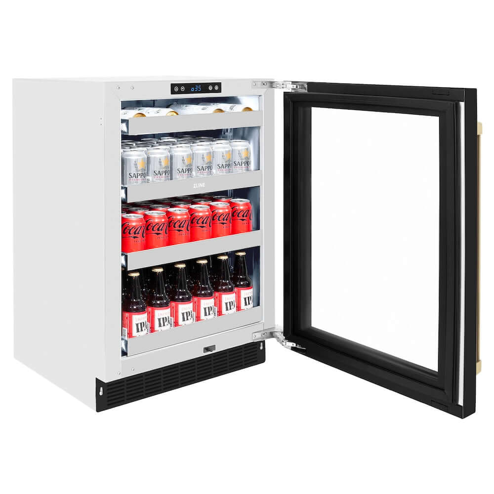 ZLINE 24" Touchstone 151 Can Beverage Fridge Black Matte Glass Door Champagne Bronze Handle RBSOZ-BLM-24-CB