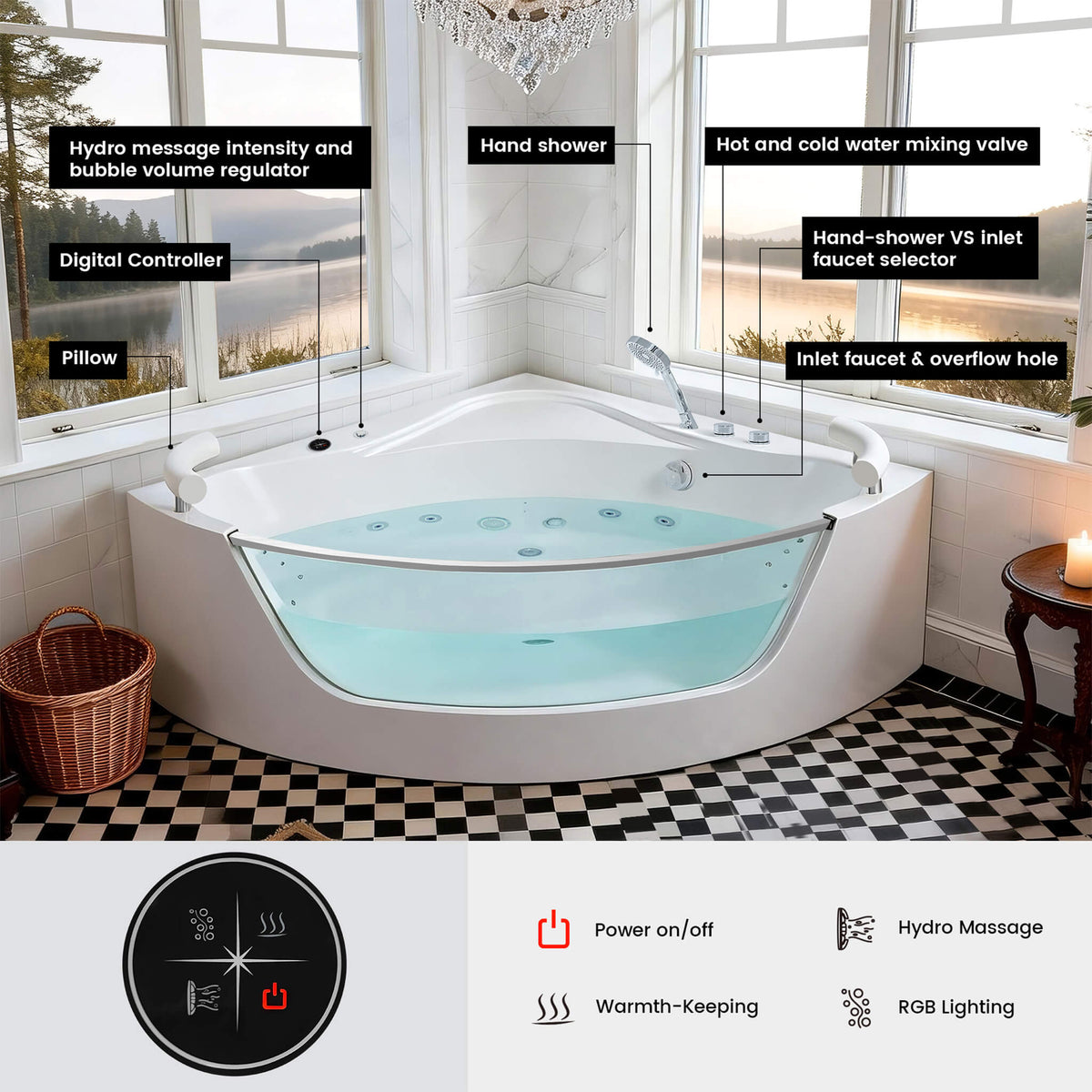 Nuvia Serenity 59-Inch 2-Person Acrylic Corner Whirlpool 16-Jet Hydromassage Bathtub With Heater Rainbow Light