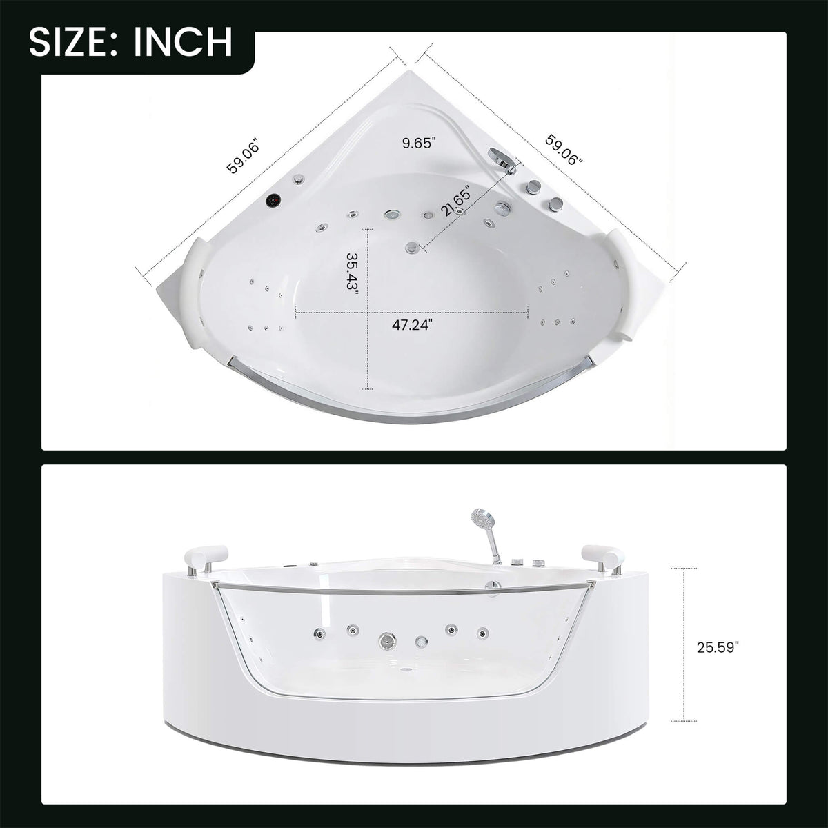Nuvia Serenity 59-Inch 2-Person Acrylic Corner Whirlpool 16-Jet Hydromassage Bathtub With Heater Rainbow Light