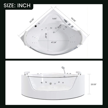 Nuvia Serenity 59-Inch 2-Person Acrylic Corner Whirlpool 16-Jet Hydromassage Bathtub With Heater Rainbow Light