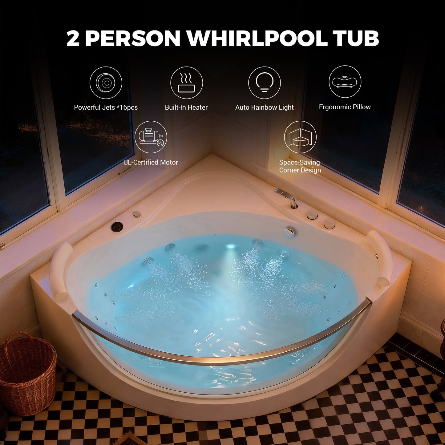Nuvia Serenity 59-Inch 2-Person Acrylic Corner Whirlpool 16-Jet Hydromassage Bathtub With Heater Rainbow Light