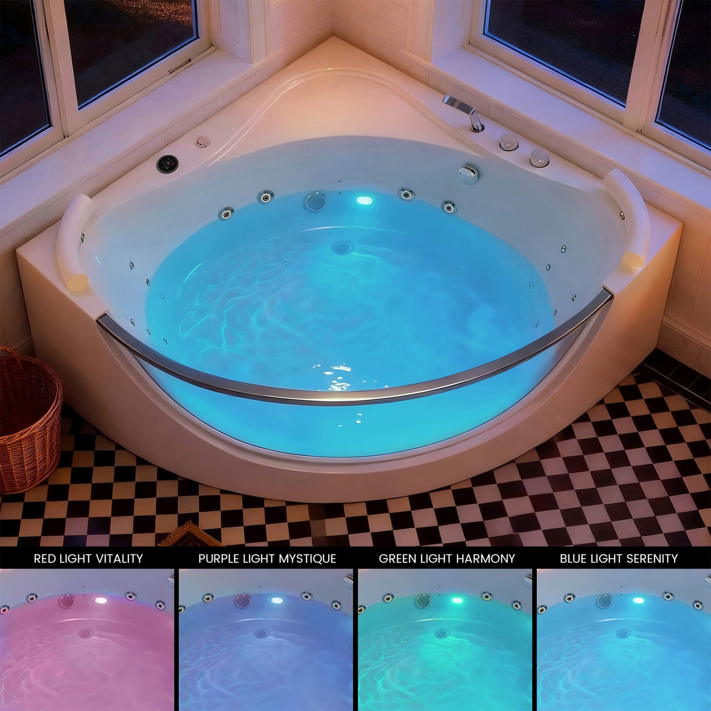 Nuvia Serenity 59-Inch 2-Person Acrylic Corner Whirlpool 16-Jet Hydromassage Bathtub With Heater Rainbow Light