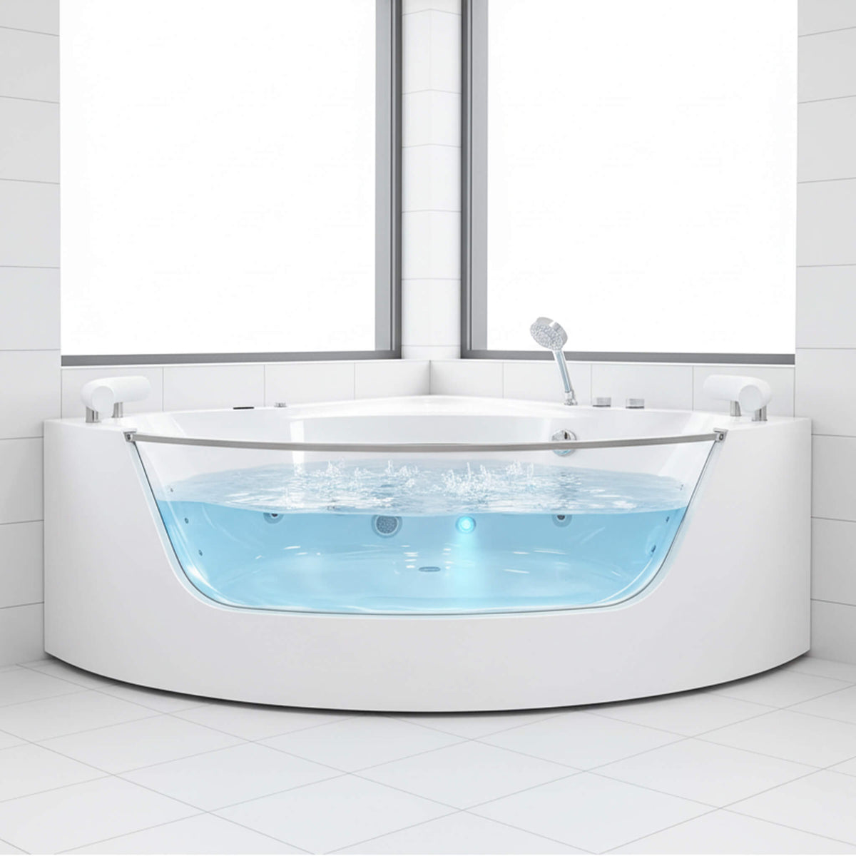 Nuvia Serenity 59-Inch 2-Person Acrylic Corner Whirlpool 16-Jet Hydromassage Bathtub With Heater Rainbow Light