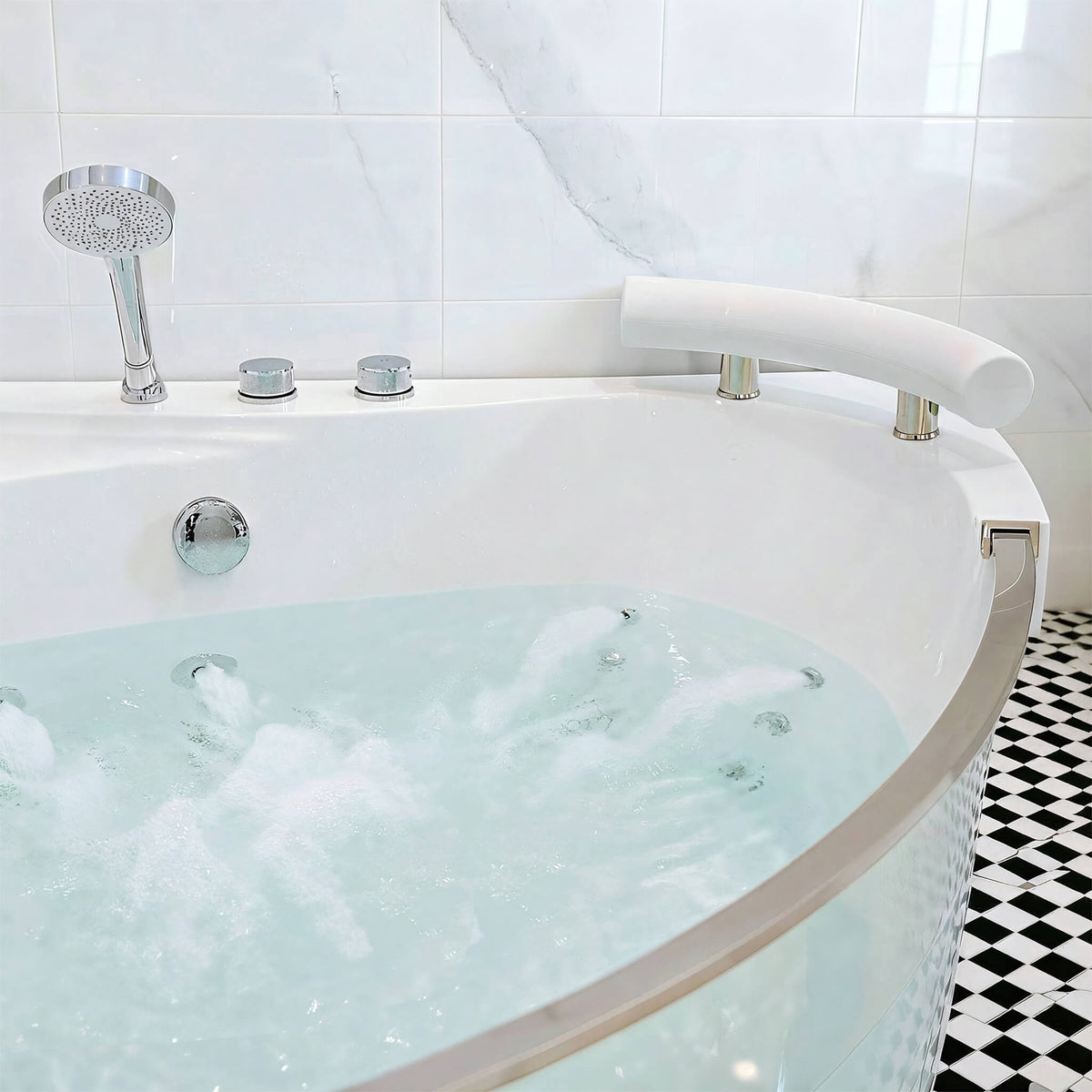 Nuvia Serenity 59-Inch 2-Person Acrylic Corner Whirlpool 16-Jet Hydromassage Bathtub With Heater Rainbow Light