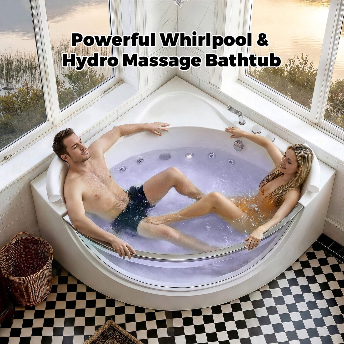 Nuvia Serenity 59-Inch 2-Person Acrylic Corner Whirlpool 16-Jet Hydromassage Bathtub With Heater Rainbow Light