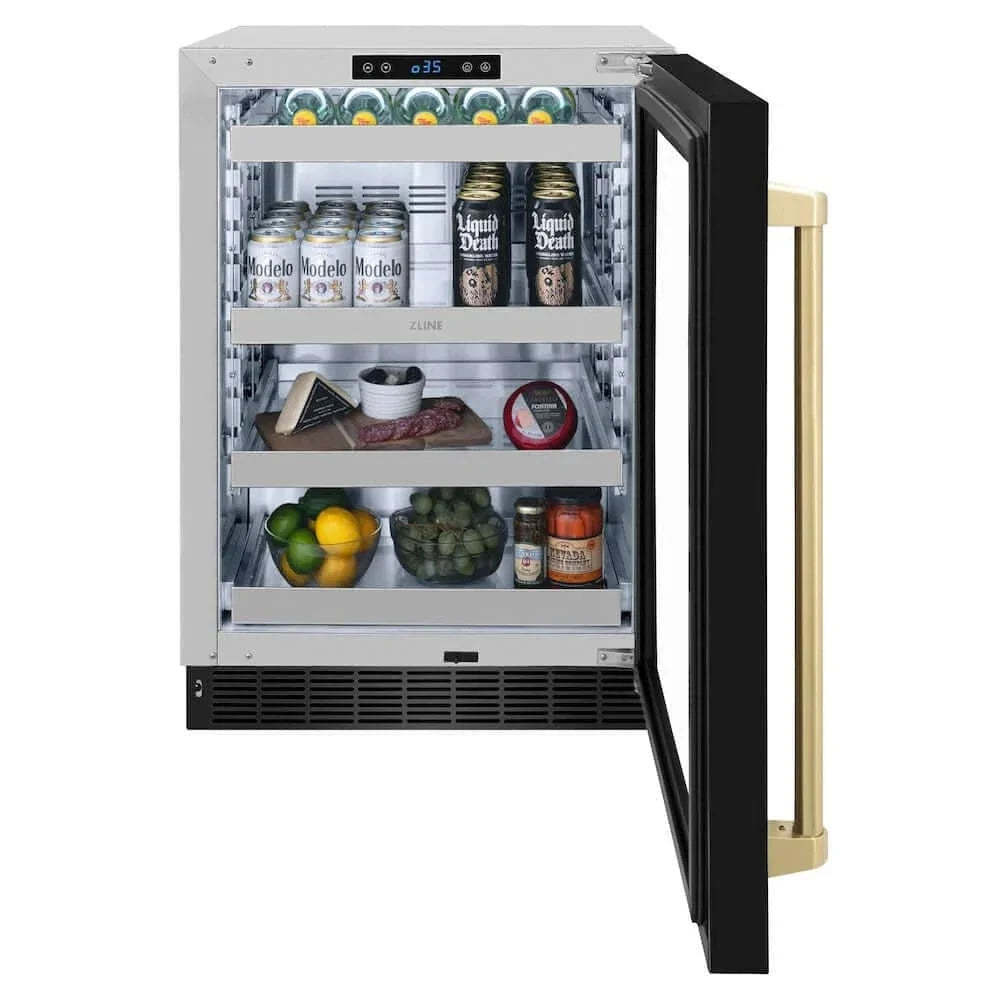 ZLINE 24" Touchstone 151 Can Beverage Fridge Black Stainless Steel Glass Door Champagne Bronze Handle RBSOZ-BS-24-CB