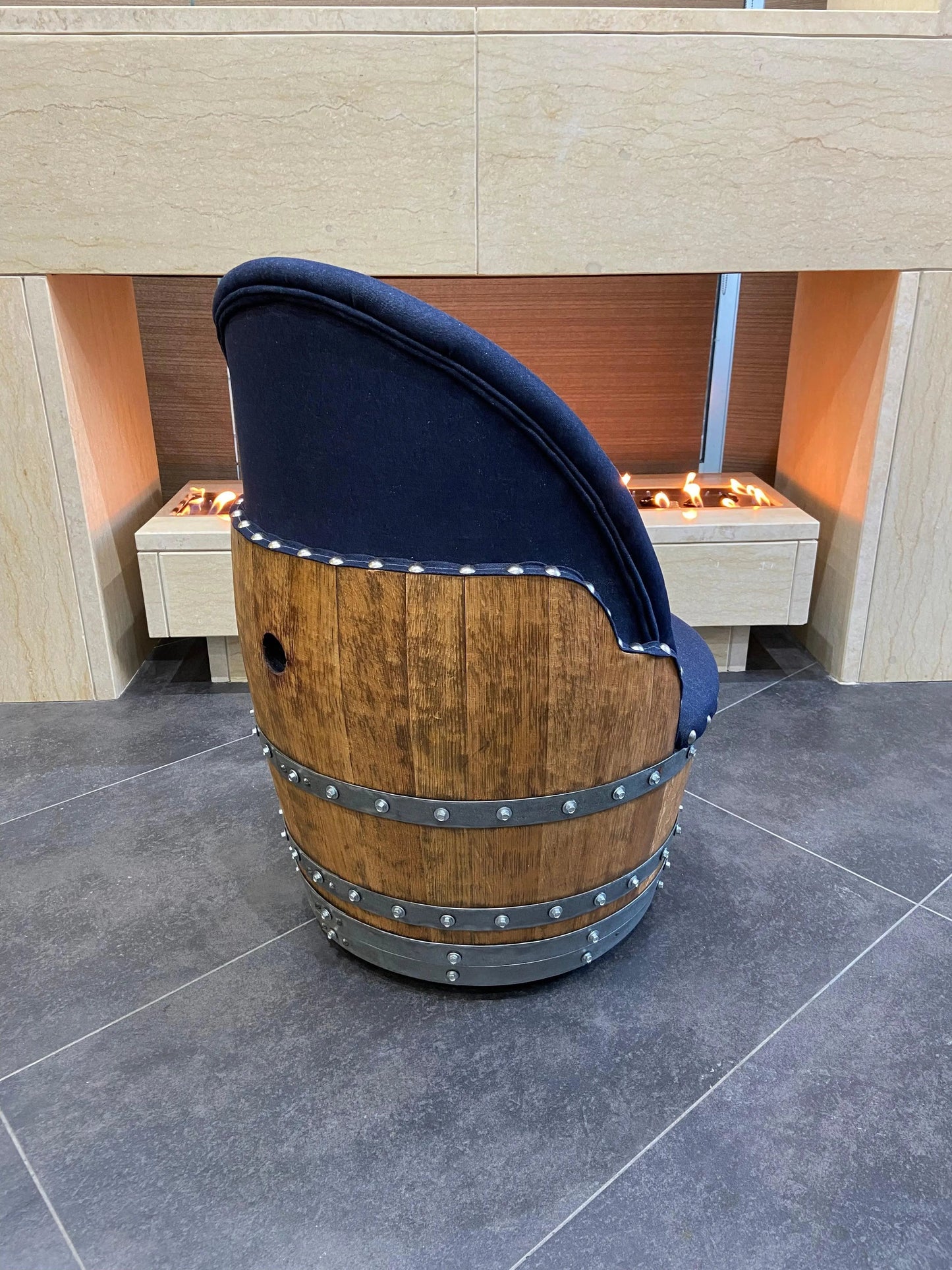 Whiskey & Wine Barrel Game Table Set — Poker and Dining Tops, 6 Chairs, Dark Navy Upholstery