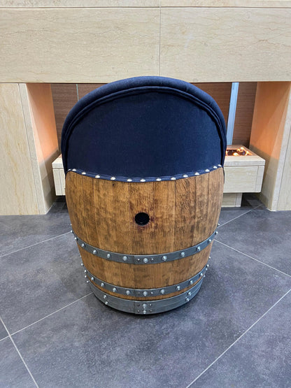 Whiskey & Wine Barrel Game Table Set — Poker and Dining Tops, 6 Chairs, Dark Navy Upholstery