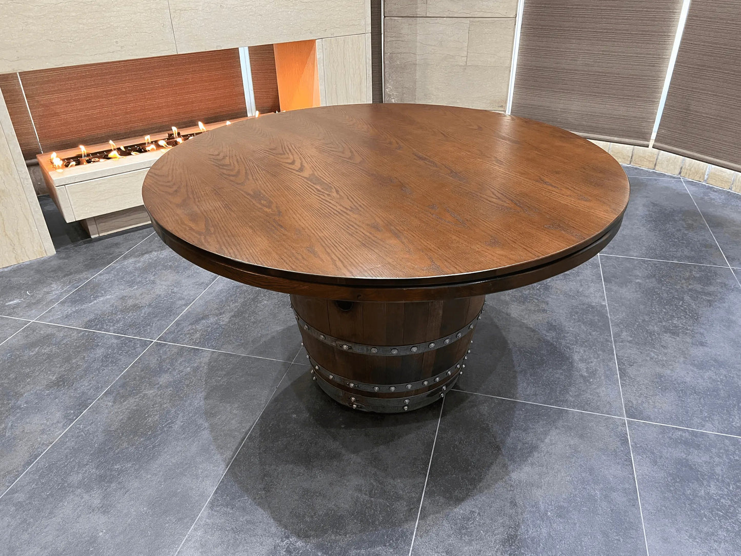 Whiskey & Wine Barrel Game Table Set — Poker and Dining Tops, 6 Chairs, Dark Navy Upholstery