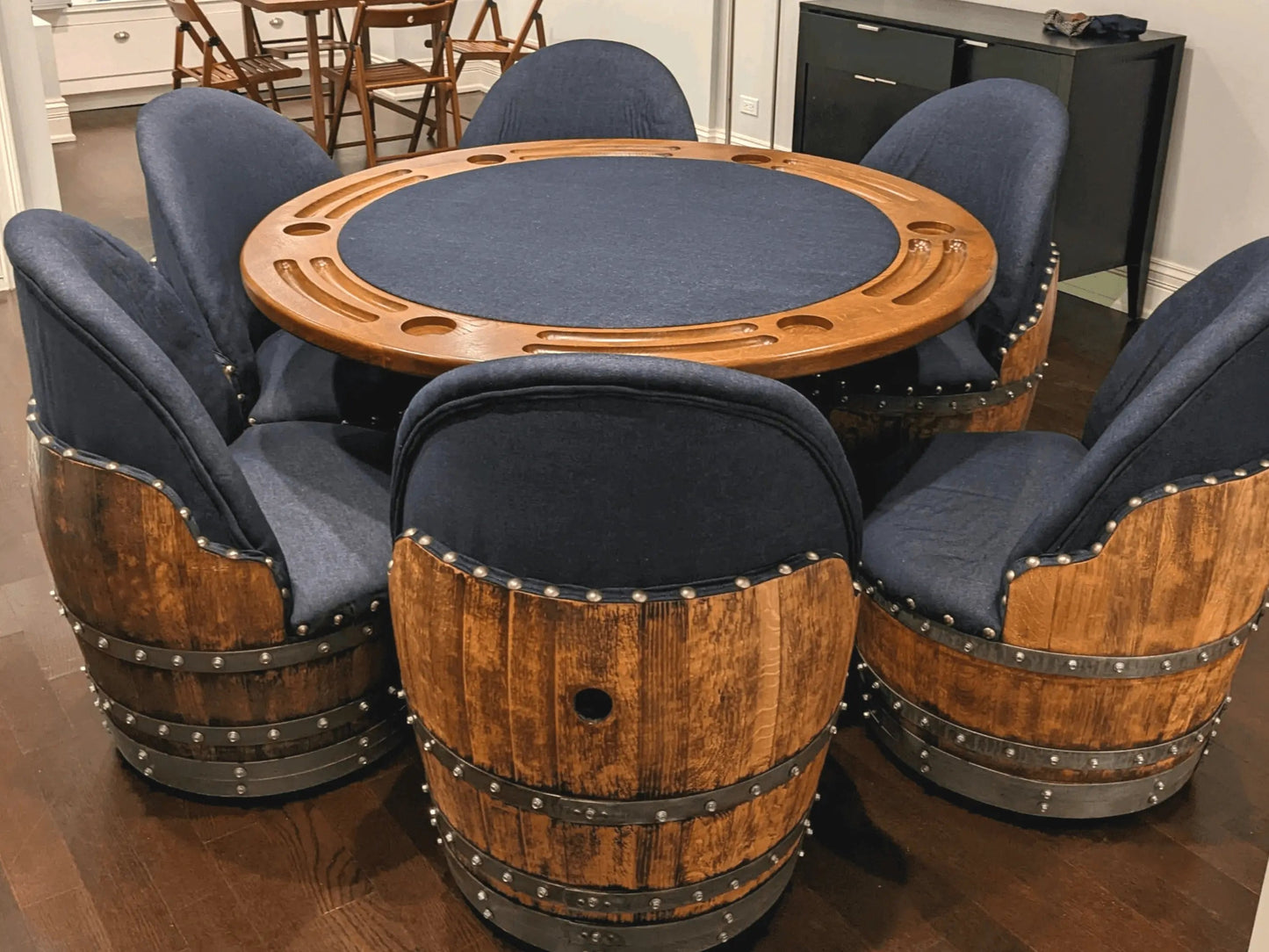 Whiskey & Wine Barrel Game Table Set — Poker and Dining Tops, 6 Chairs, Dark Navy Upholstery