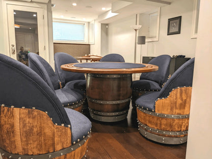 Whiskey & Wine Barrel Game Table Set — Poker and Dining Tops, 6 Chairs, Dark Navy Upholstery