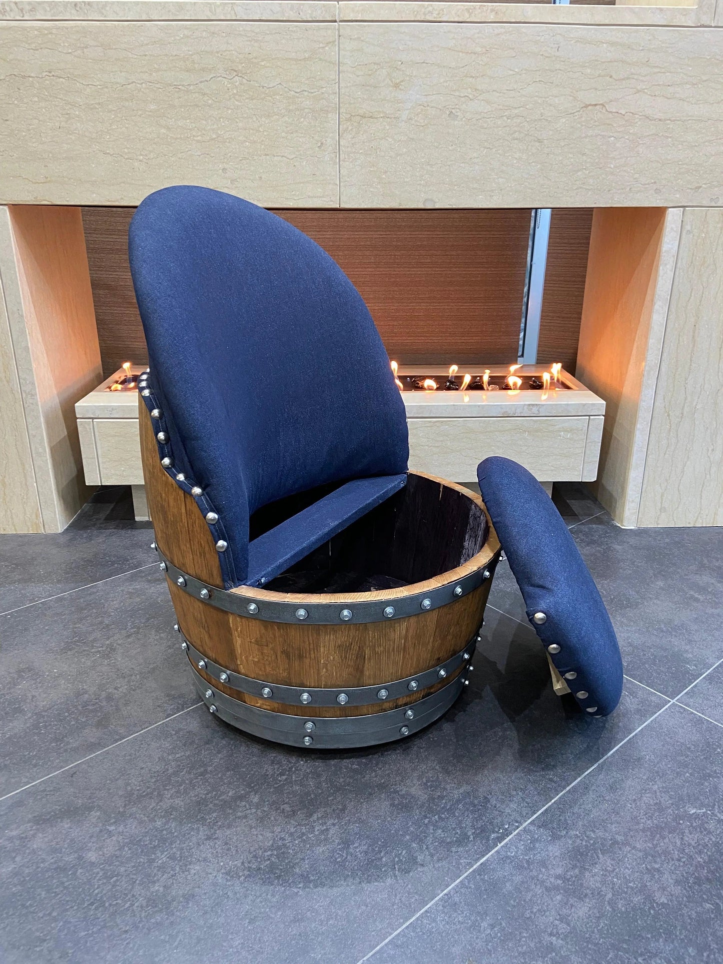 Whiskey & Wine Barrel Game Table Set — Poker and Dining Tops, 6 Chairs, Dark Navy Upholstery