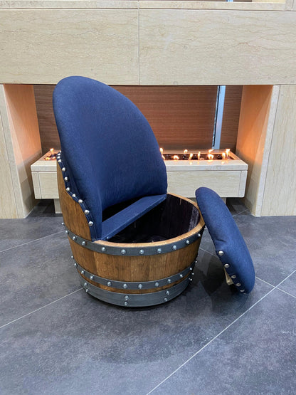 Whiskey & Wine Barrel Game Table Set — Poker and Dining Tops, 6 Chairs, Dark Navy Upholstery