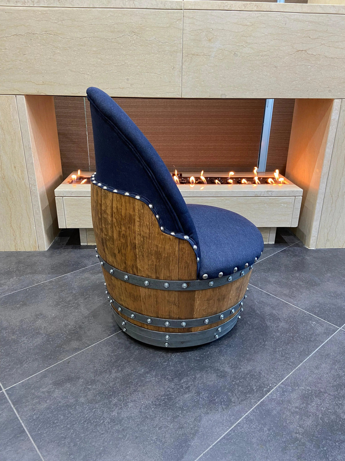 Whiskey & Wine Barrel Game Table Set — Poker and Dining Tops, 6 Chairs, Dark Navy Upholstery