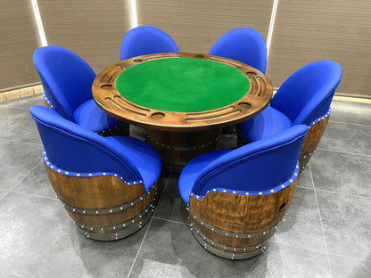 Whiskey & Wine Barrel Game Table Set — Poker Top and Dining Top Included, 6 Chairs