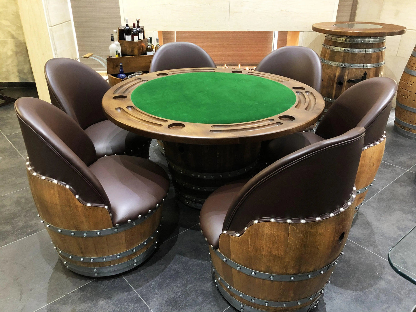 Whiskey & Wine Barrel Game Table Set — Poker Top and Dining Top Included, 6 Chairs