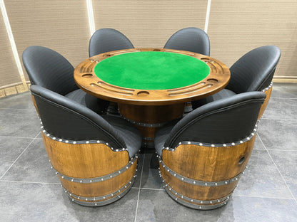 Whiskey & Wine Barrel Game Table Set — Poker Top and Dining Top Included, 6 Chairs