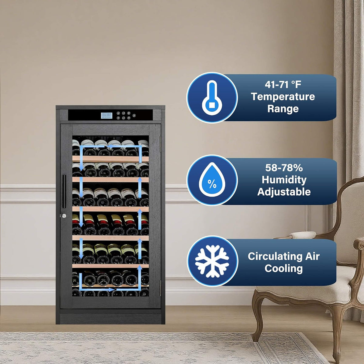 Nuvia 69-Bottle 7.6 Cu.Ft Freestanding Smart Wooden Wine Cooler With LED Touch Display (SAK24861)