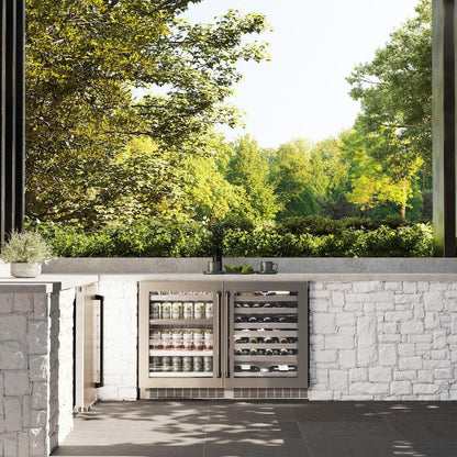 ZLINE 24" Touchstone 151 Can Beverage Fridge DuraSnow® Stainless Steel Glass Door Polished Gold Handle RBSOZ-SN-24-G